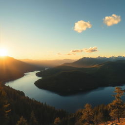 A beautiful landscape featuring a serene lake surrounded by mountains and lush forests