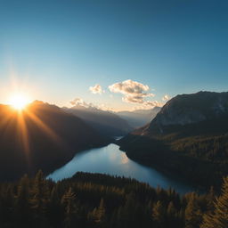 A beautiful landscape featuring a serene lake surrounded by mountains and lush forests