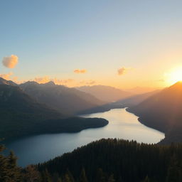 A beautiful landscape featuring a serene lake surrounded by mountains and lush forests