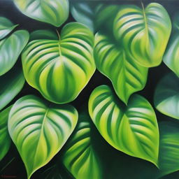 A polished, finished oil-based painting depicting a close-up view of vibrant, lush, bright green leaves