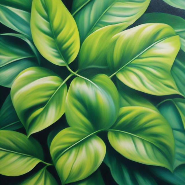 A polished, finished oil-based painting depicting a close-up view of vibrant, lush, bright green leaves