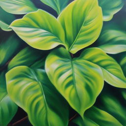 A polished, finished oil-based painting depicting a close-up view of vibrant, lush, bright green leaves