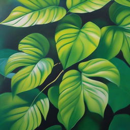 A polished, finished oil-based painting depicting a close-up view of vibrant, lush, bright green leaves