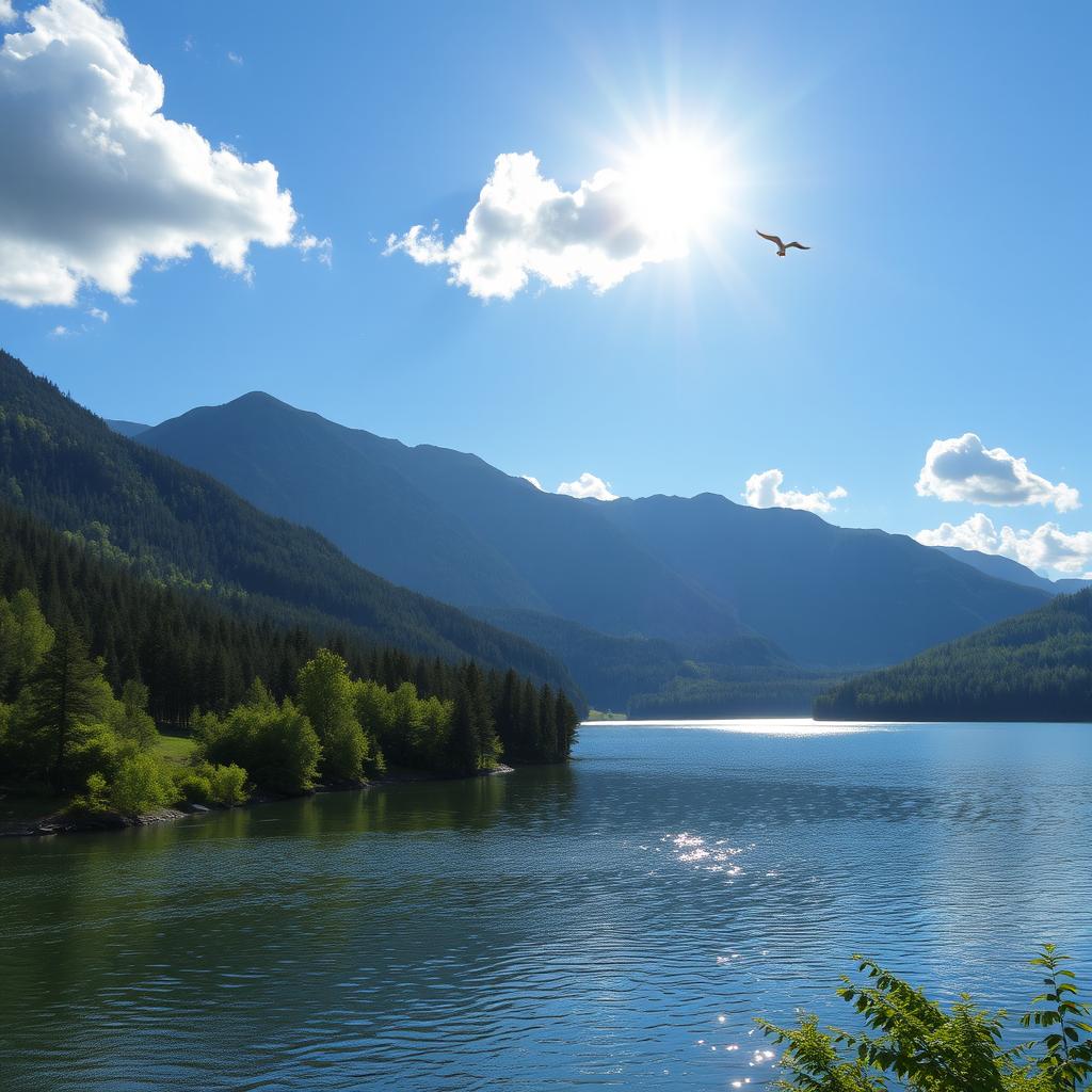 A beautiful landscape featuring a serene lake surrounded by lush green forests and mountains in the background