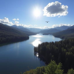 A beautiful landscape featuring a serene lake surrounded by lush green forests and mountains in the background