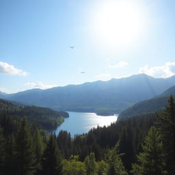 A beautiful landscape featuring a serene lake surrounded by lush green forests and mountains in the background