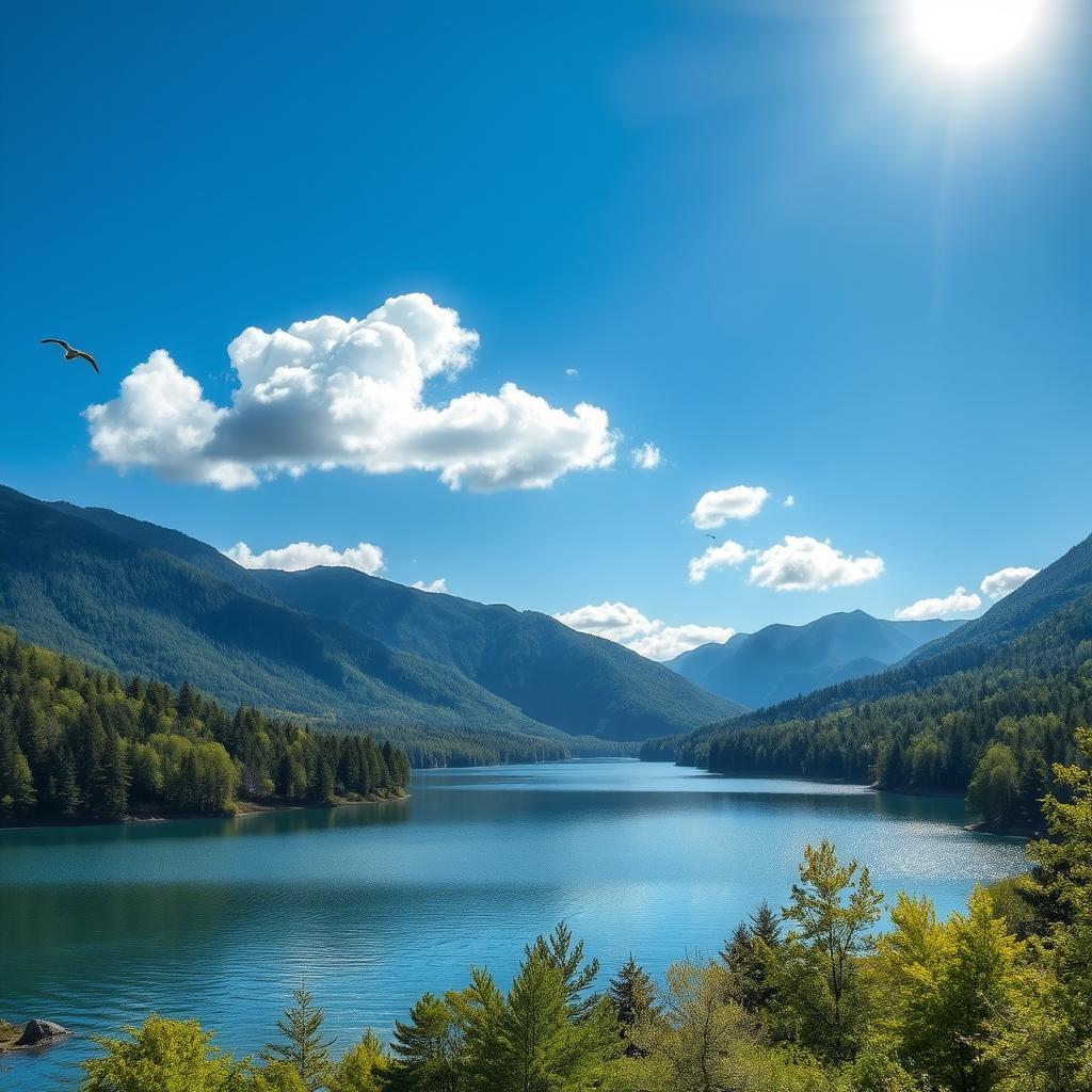 A beautiful landscape featuring a serene lake surrounded by lush green forests and mountains in the background