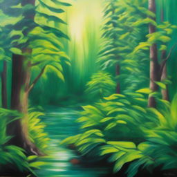 A polished, finished oil-based painting featuring a close-up view of a vibrant, lush background