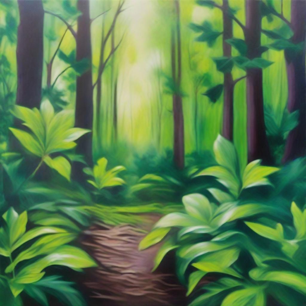 A polished, finished oil-based painting featuring a close-up view of a vibrant, lush background