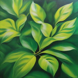 A polished, finished oil-based painting featuring a close-up view of a vibrant, lush background