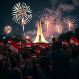 A lively celebration of Indonesia's Independence Day with fireworks illuminating the night sky, people waving Indonesian flags, and a strong sense of national pride