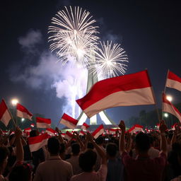 A lively celebration of Indonesia's Independence Day with fireworks illuminating the night sky, people waving Indonesian flags, and a strong sense of national pride