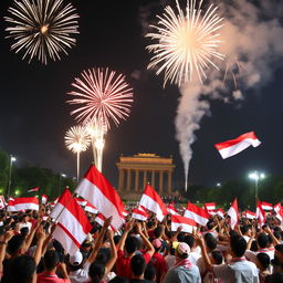 A lively celebration of Indonesia's Independence Day with fireworks illuminating the night sky, people waving Indonesian flags, and a strong sense of national pride