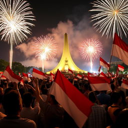 A lively celebration of Indonesia's Independence Day with fireworks illuminating the night sky, people waving Indonesian flags, and a strong sense of national pride