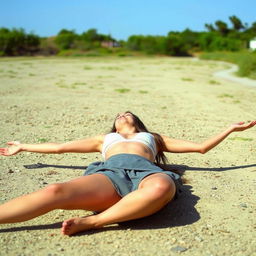 A slender woman, around twenty years old, is wearing a short skirt and is topless, lying on the ground with her arms and legs spread wide