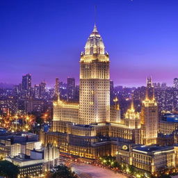 A grand, luxury hotel standing tall in a bustling cityscape during twilight.