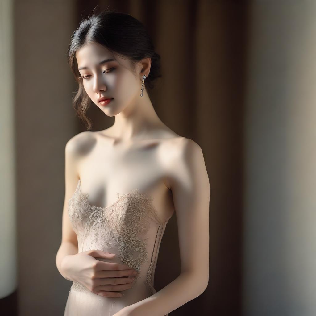 A slender woman, around twenty years old, with a pretty face is wearing an elegant evening dress that is open to below her belly button, without a bra