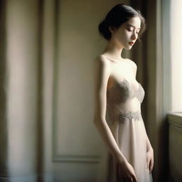 A slender woman, around twenty years old, with a pretty face is wearing an elegant evening dress that is open to below her belly button, without a bra