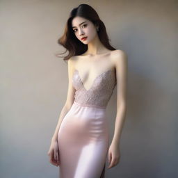 A slender woman, around twenty years old, with a pretty face is wearing an elegant evening dress that is open to below her belly button, without a bra