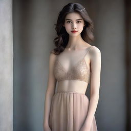 A slender woman, around twenty years old, with a pretty face is wearing an elegant evening dress that is open to below her belly button, without a bra