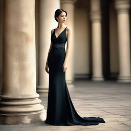 A slender woman, around thirty years old, is wearing an elegant evening dress that is open to below her belly button and she is not wearing a bra