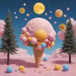 A surreal scene where an ice cream, sun, moon, stars, headphones, trees, candies, and a volleyball coalesce into a unique flower.