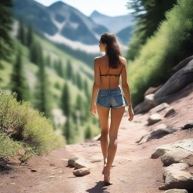 A slender woman, around thirty years old, is topless and wearing jean shorts while walking along a mountain trail