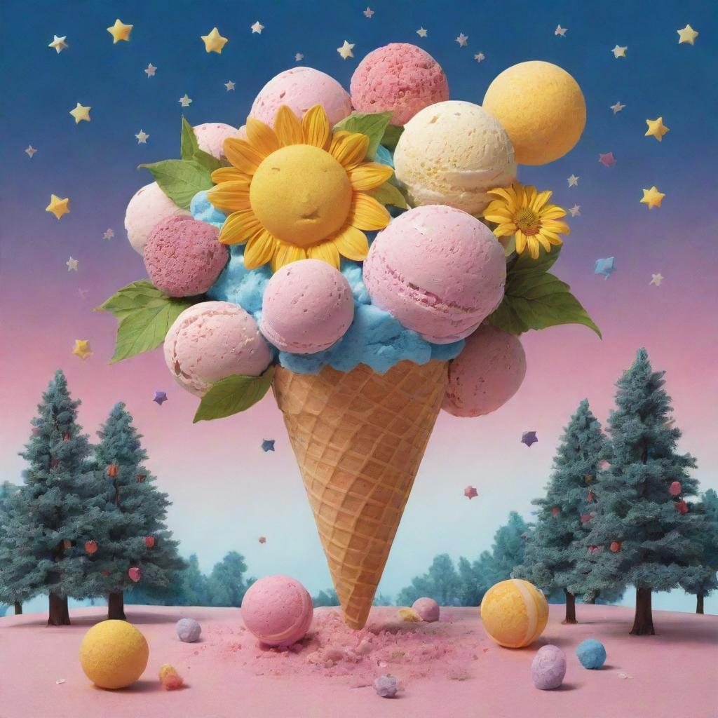 A surreal scene where an ice cream, sun, moon, stars, headphones, trees, candies, and a volleyball coalesce into a unique flower.