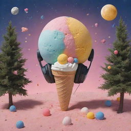 A surreal scene where an ice cream, sun, moon, stars, headphones, trees, candies, and a volleyball coalesce into a unique flower.