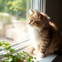 A cute and fluffy cat sitting on a windowsill, looking outside with curiosity