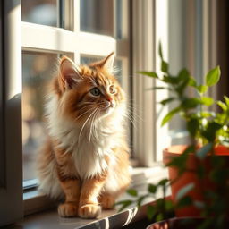 A cute and fluffy cat sitting on a windowsill, looking outside with curiosity