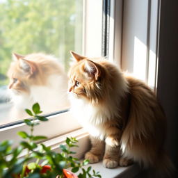 A cute and fluffy cat sitting on a windowsill, looking outside with curiosity