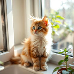 A cute and fluffy cat sitting on a windowsill, looking outside with curiosity