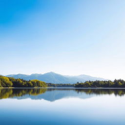 A serene landscape featuring a calm lake surrounded by lush green trees and mountains in the background under a clear blue sky