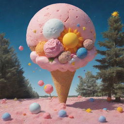 A surreal scene where an ice cream, sun, moon, stars, headphones, trees, candies, and a volleyball coalesce into a unique flower.