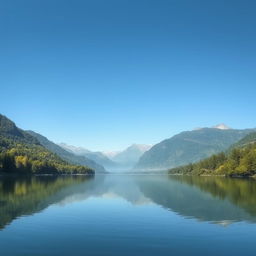 A serene landscape featuring a calm lake surrounded by lush green trees and mountains in the background under a clear blue sky