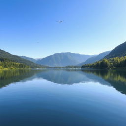 A serene landscape featuring a calm lake surrounded by lush green trees and mountains in the background under a clear blue sky