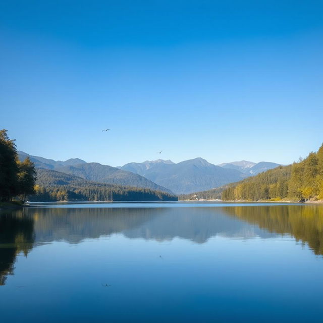 A serene landscape featuring a calm lake surrounded by lush green trees and mountains in the background under a clear blue sky