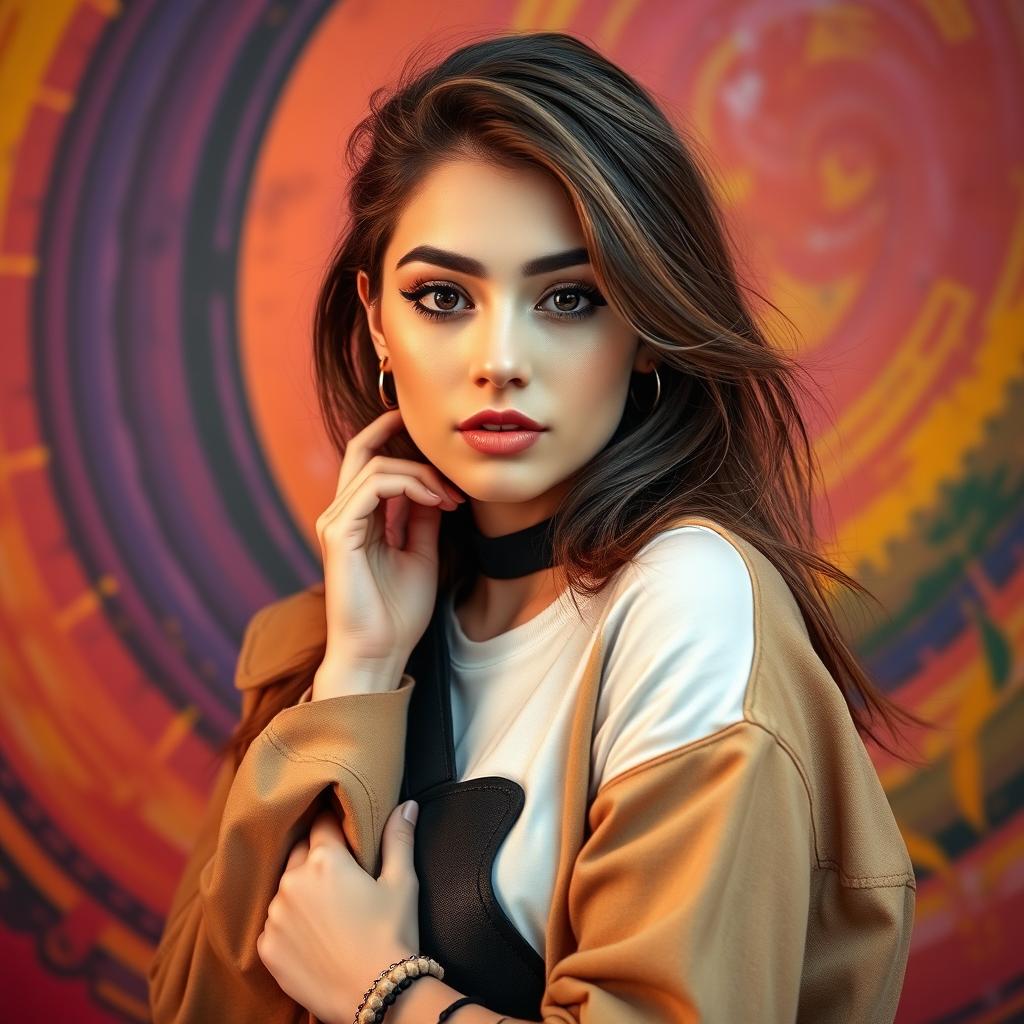 A beautiful young woman with a confident and stylish appearance, wearing trendy clothing and posing in a fashionable manner