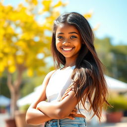 A beautiful girl with hot brown skin, standing confidently with a warm smile