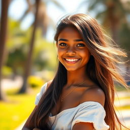 A beautiful girl with hot brown skin, standing confidently with a warm smile