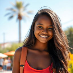 A beautiful girl with hot brown skin, standing confidently with a warm smile