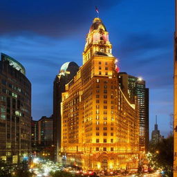 A grand, luxury hotel standing tall in a bustling cityscape during twilight.