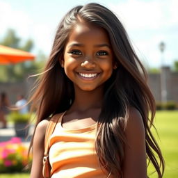 A beautiful girl with hot brown skin, standing confidently with a warm smile