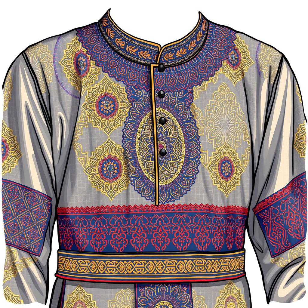 A detailed illustration of a traditional Baju, a traditional Malay clothing, showcasing its intricate patterns and vibrant colors