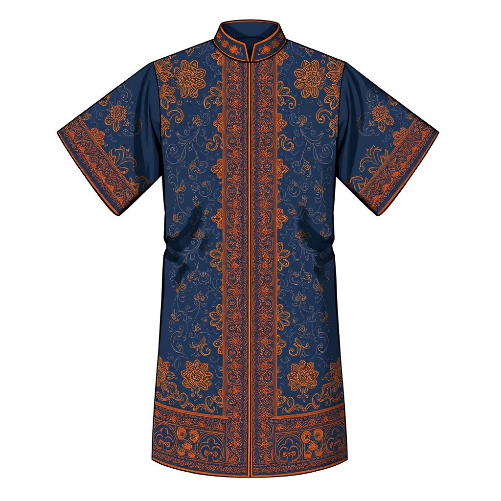 A detailed illustration of a traditional Baju, a traditional Malay clothing, showcasing its intricate patterns and vibrant colors