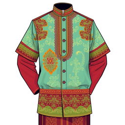 A detailed illustration of a traditional Baju, a traditional Malay clothing, showcasing its intricate patterns and vibrant colors