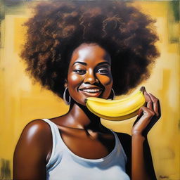 A polished, finished oil-based painting featuring a macro close-up of a beautiful black woman with an afro eating a banana sensually