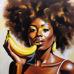 A polished, finished oil-based painting featuring a macro close-up of a beautiful black woman with an afro eating a banana sensually