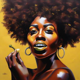 A polished, finished oil-based painting featuring a macro close-up of a beautiful black woman with an afro eating a banana sensually